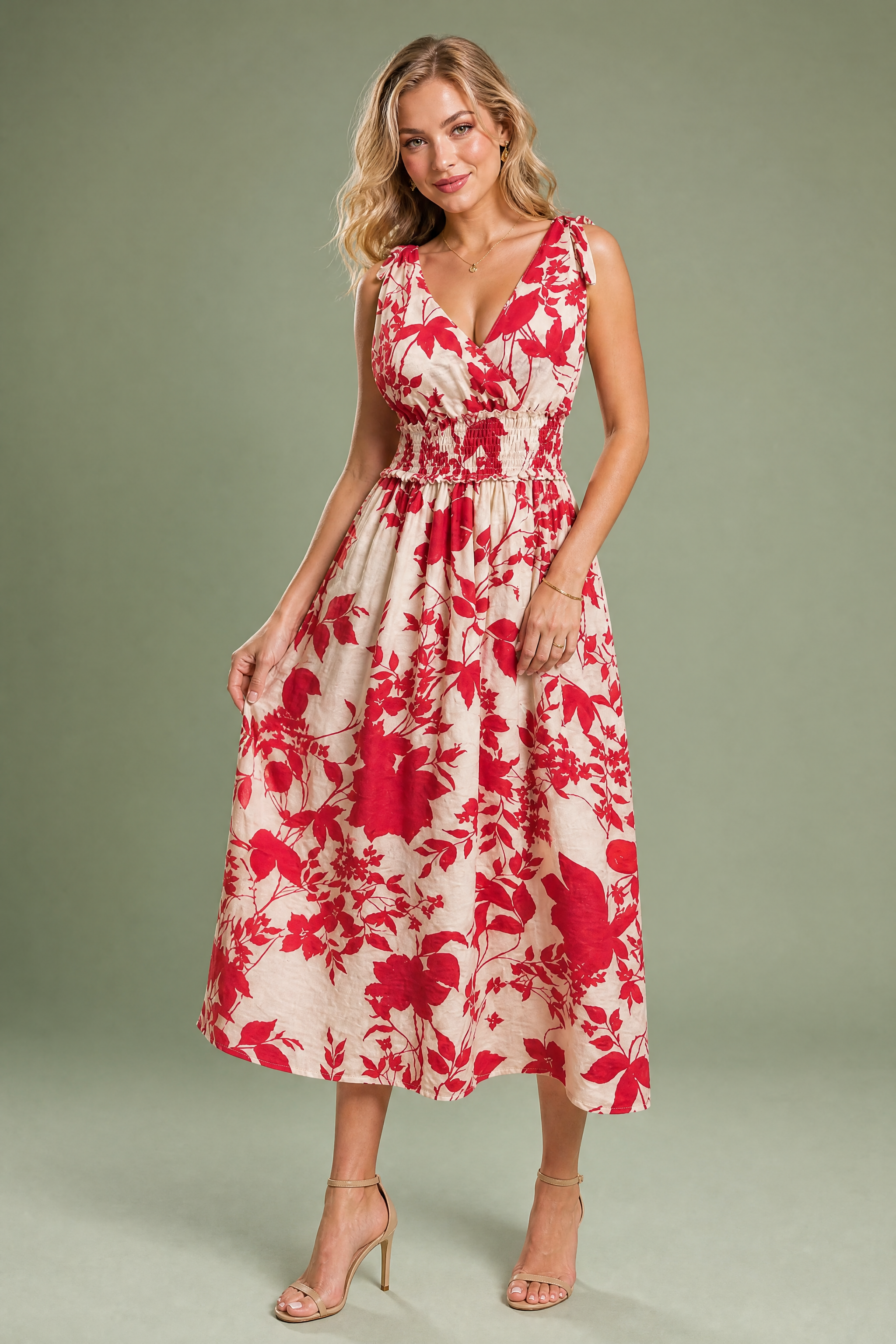 Robe midi rouge fleurie dos nu | Vue de face | Lounelle Paris