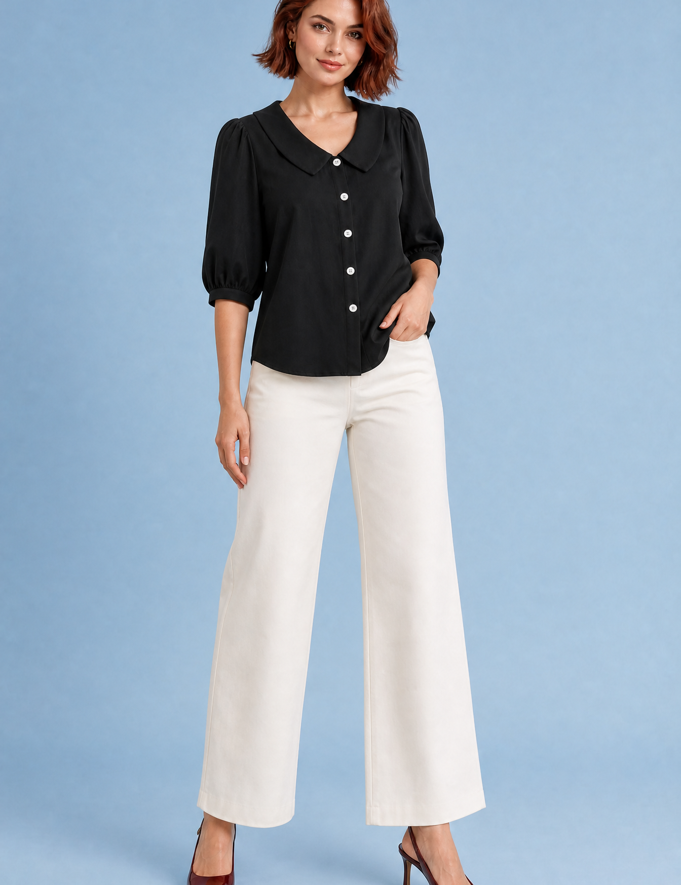Chemisier col rond manches bouffantes | Variante Noir | Lounelle Paris