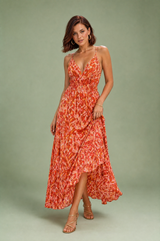 Red Floral V-Neck Backless Maxi Dress