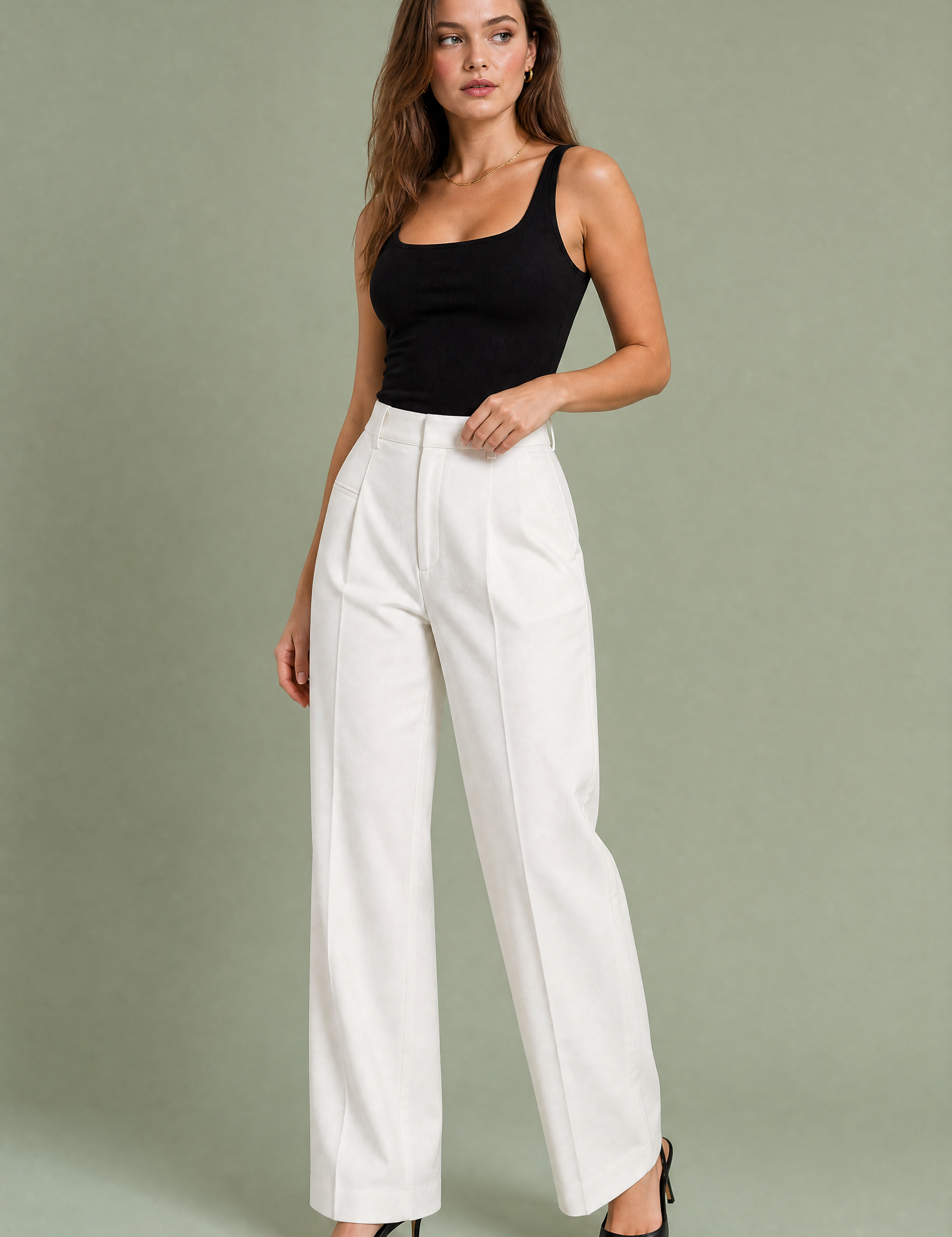 Pantalon tailleur blanc taille haute | Vue de face | Lounelle Paris