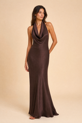 Brown Halter-Neck Backless Dress