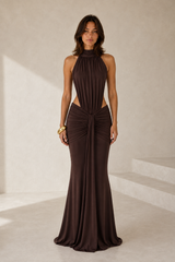 Ruched Draped High-Neck Maxi Dress