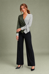Striped V-Neck Wrap Blouse