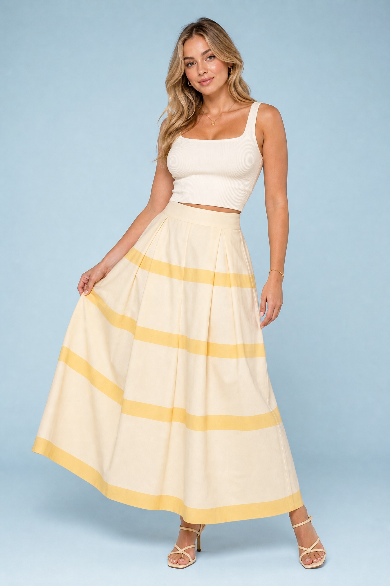 Jupe longue jaune rayée taille haute | Vue de face | Lounelle Paris