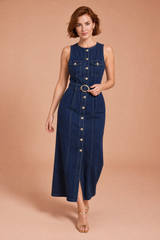 Dark Blue Sleeveless Denim Maxi Dress