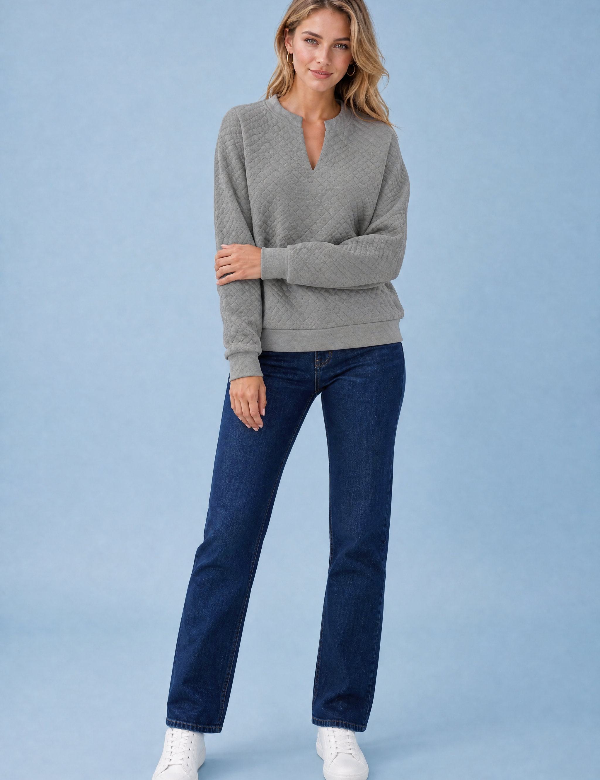 Sweat texturé col en V | Variante Gris | Lounelle Paris
