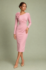 3D Flower Detail Asymmetric Midi Dress