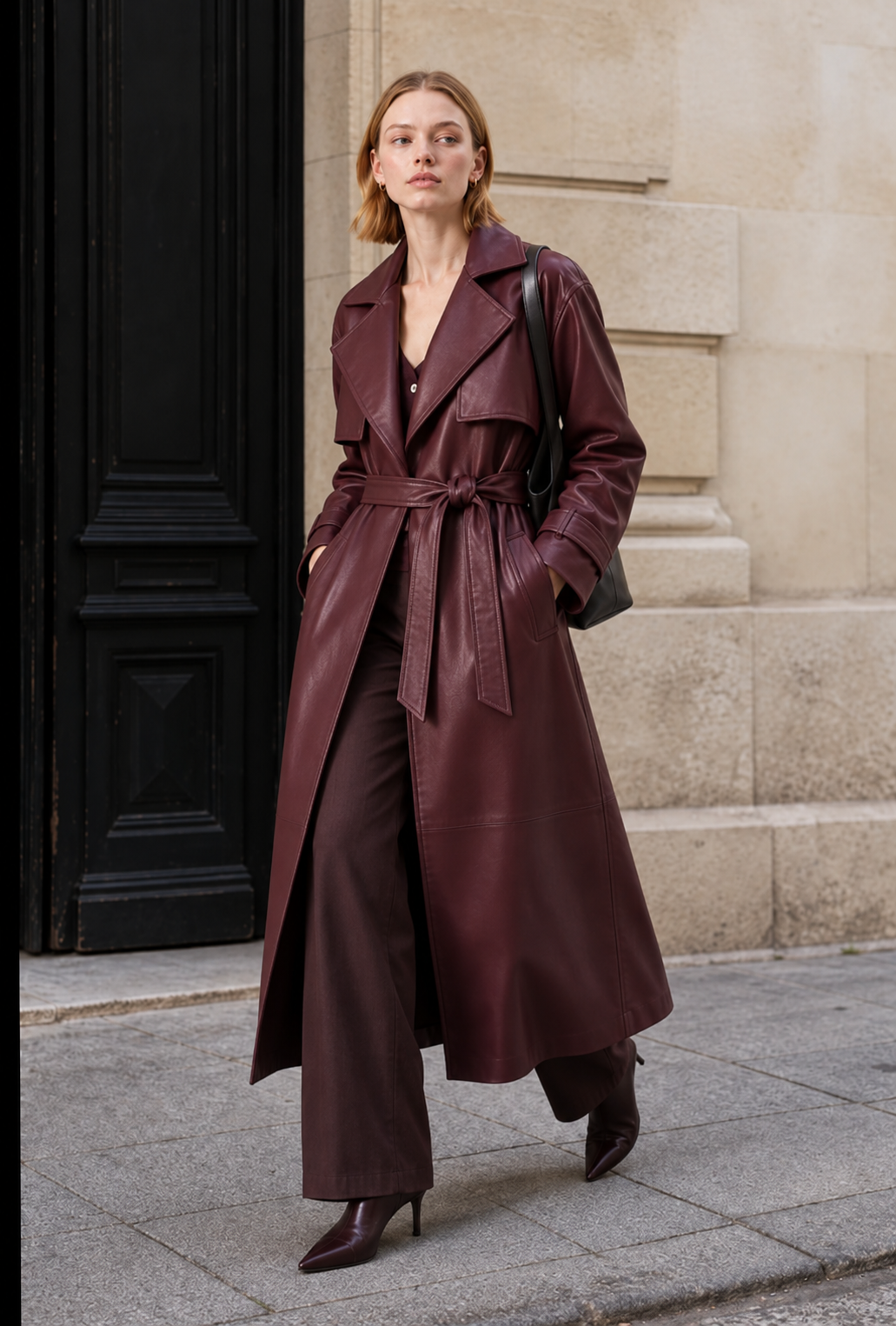Manteau long effet cuir ceinturé | Photo lifestyle | Lounelle Paris