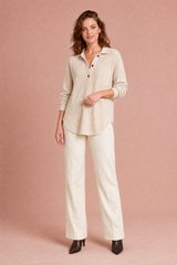Waffle-Knit Collared Button Top