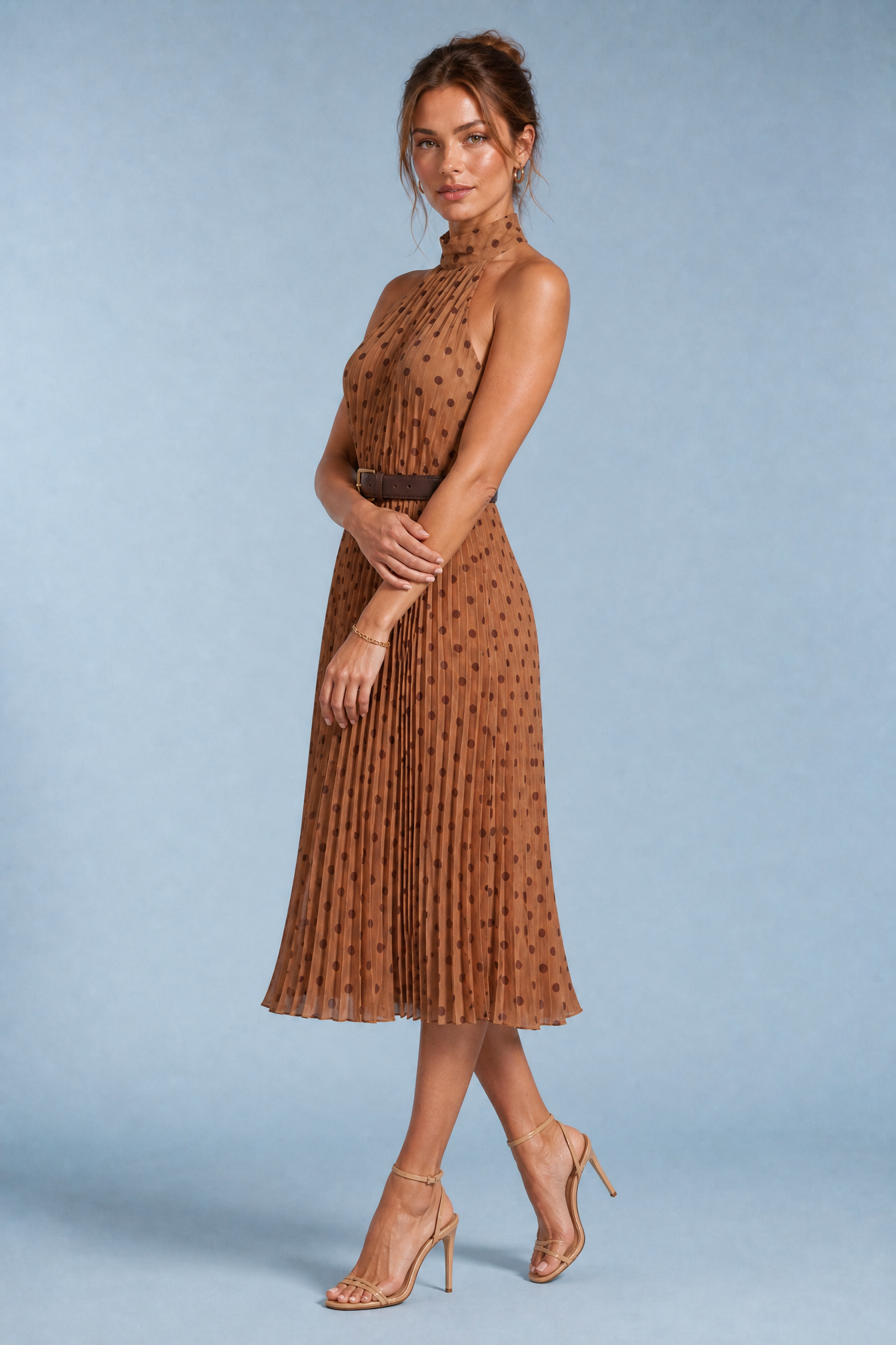 Robe marron à pois col licou | Vue de profil | Lounelle Paris