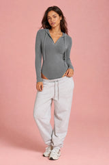 Hooded Ribbed V-Neck Bodysuit