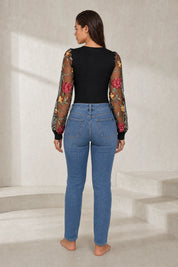 Body noir col V manches brodées | Lounelle Paris