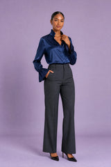 Satin Ruffle-Collar Blouse with Flared Sleeves