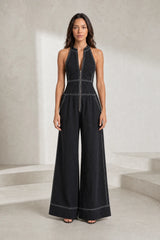 Sleeveless black high-neck jumpsuit