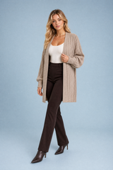 Beige Longline Balloon-Sleeve Cardigan