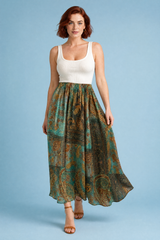 Green Printed Flowy Maxi Skirt
