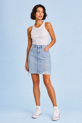 Light Blue Ripped Denim Midi Skirt