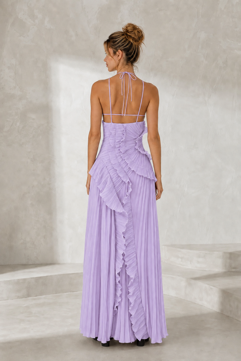 Pleated Ruffle Halter Maxi Dress