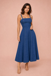 Robe bleue fines bretelles évasée | Vue de face | Lounelle Paris