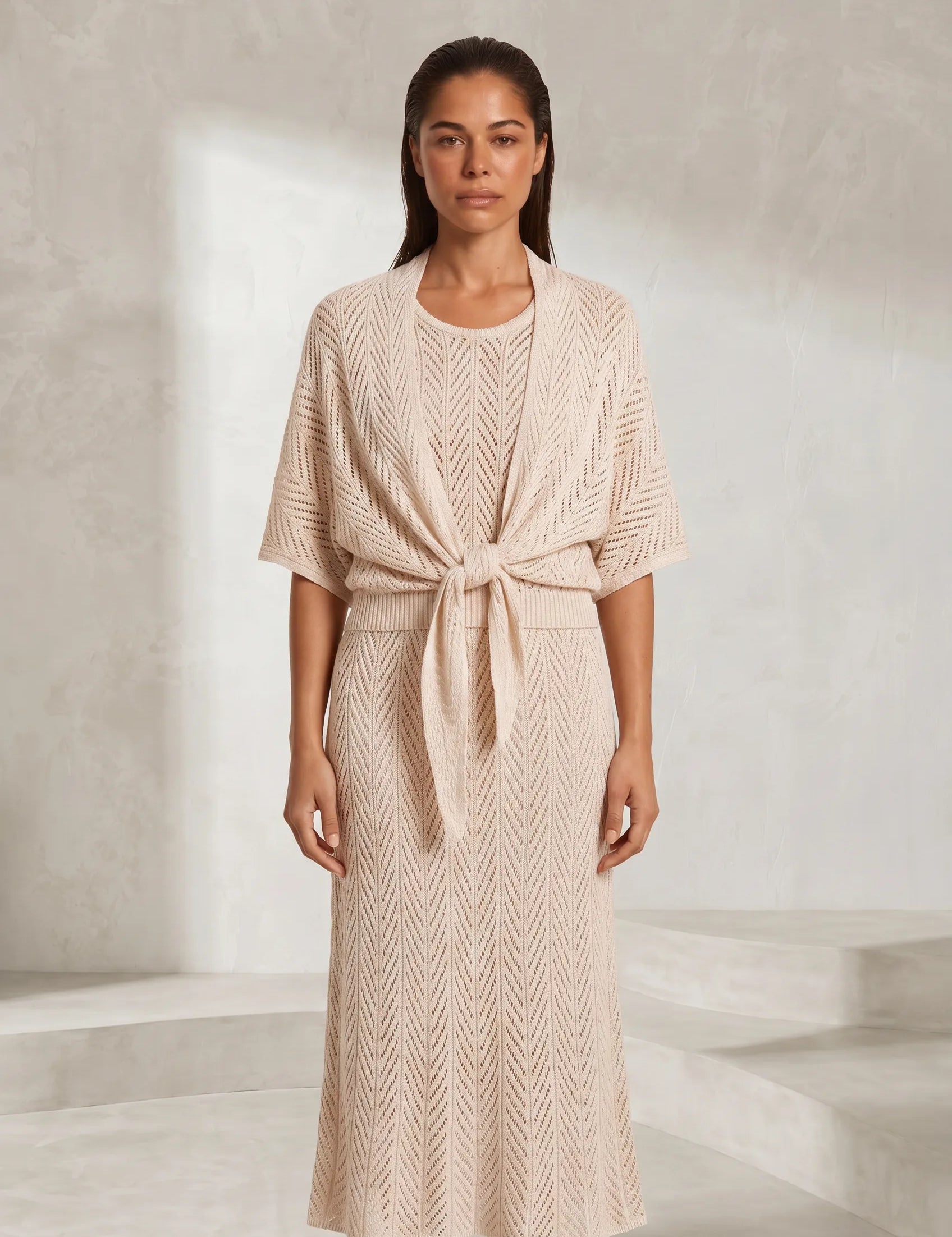 Ensemble 3 pièces beige maille ajourée | Lounelle Paris