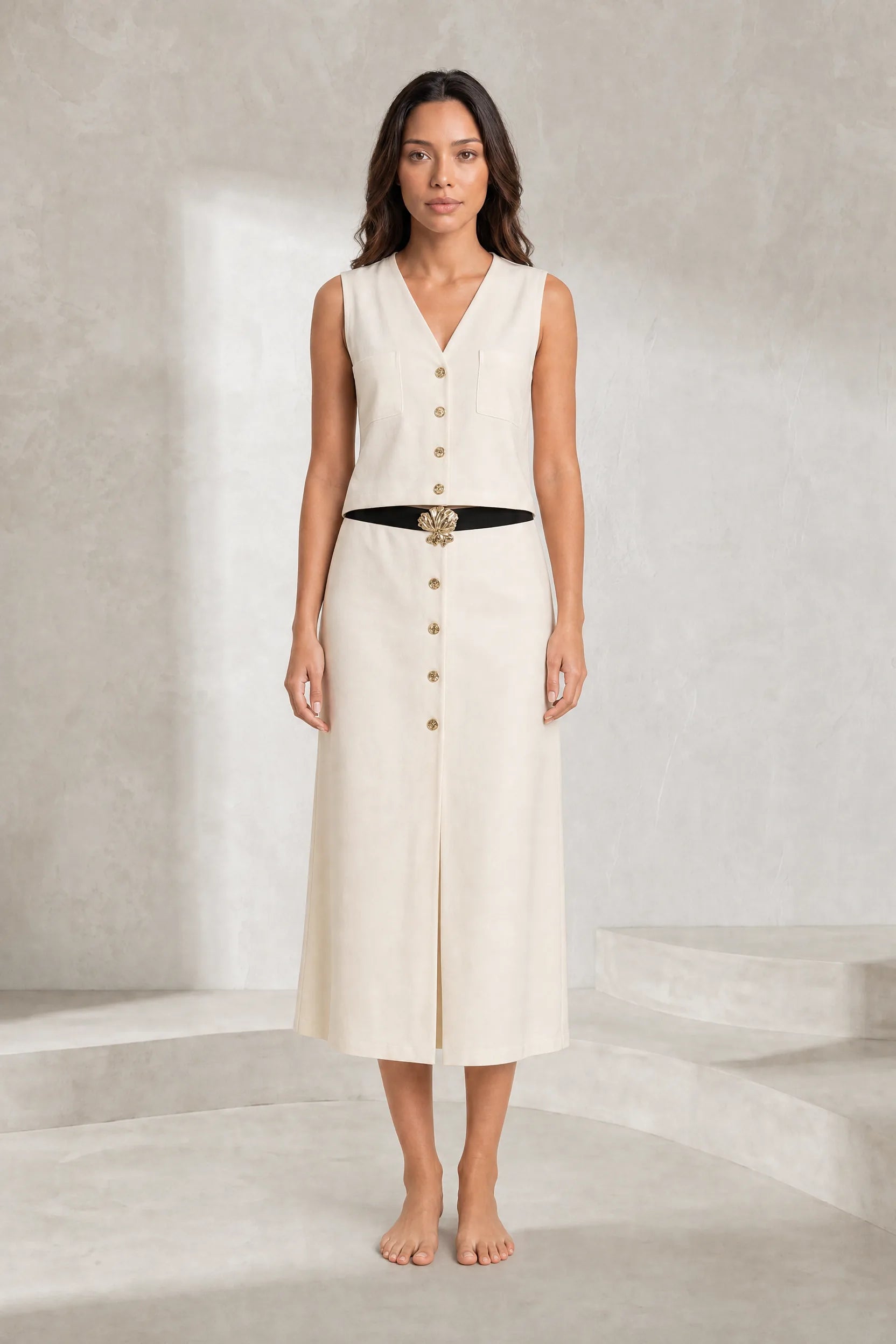 Ensemble crème col V ceinturé | Lounelle Paris