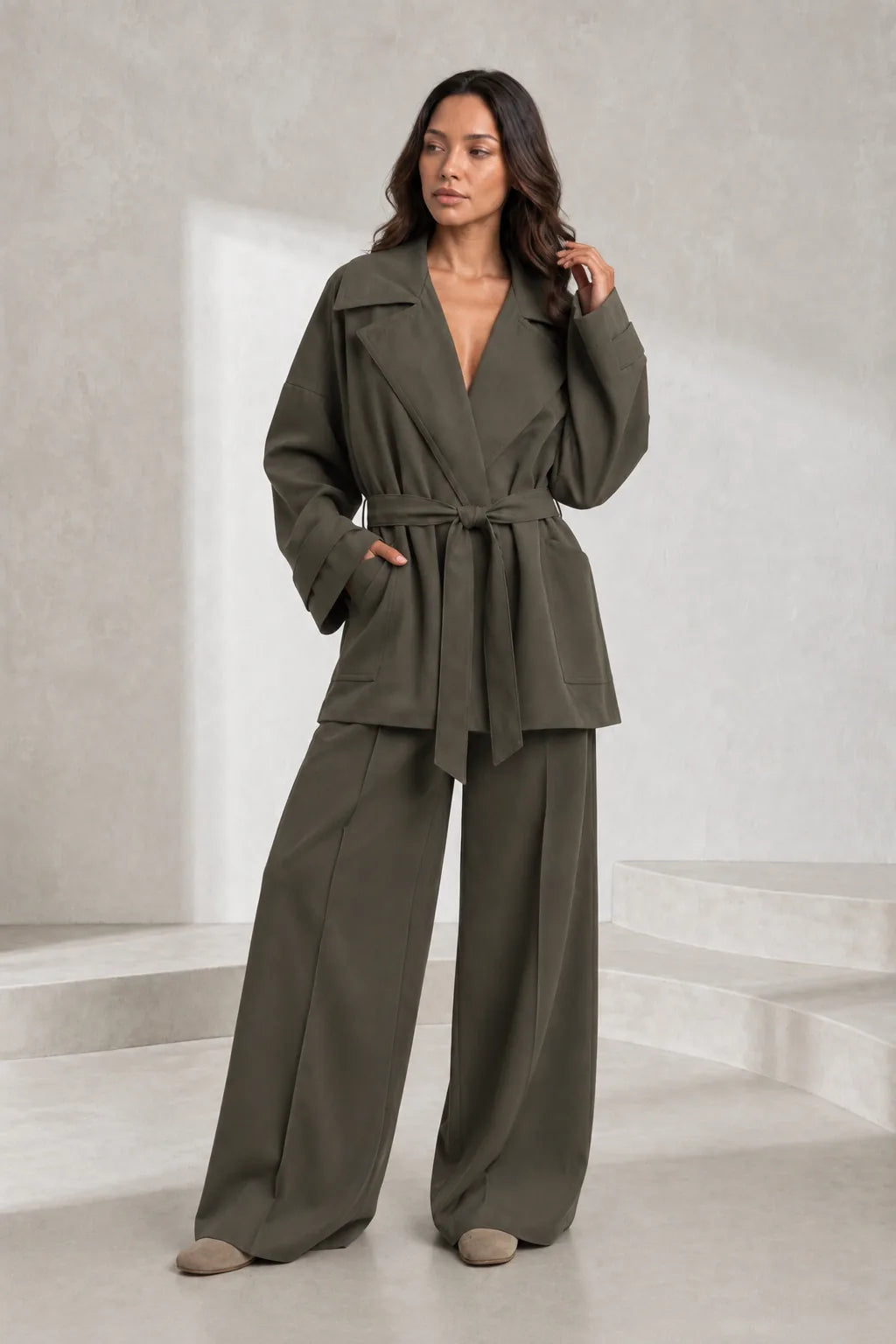 Ensemble gris trench et pantalon large | Lounelle Paris