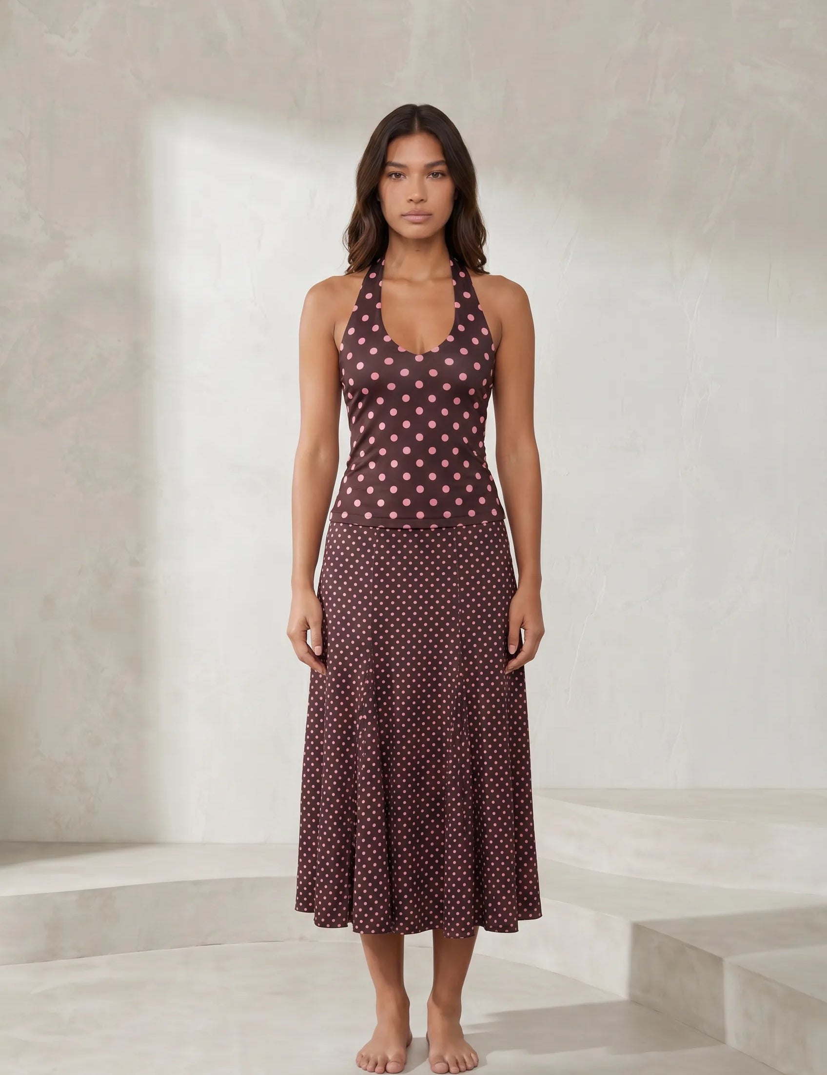 Ensemble marron à pois col halter | Lounelle Paris