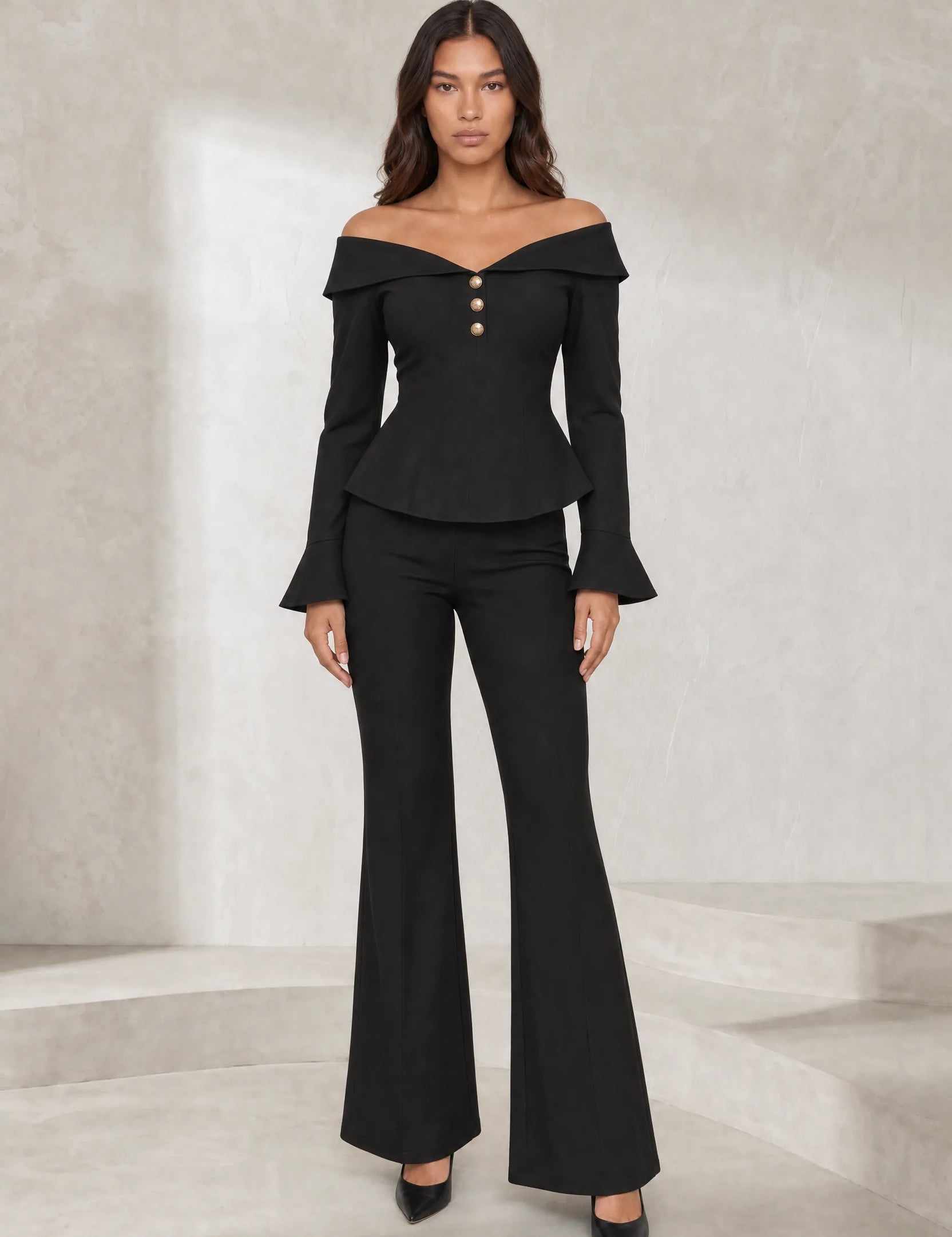 Ensemble pantalon noir à épaules dénudées | Lounelle Paris