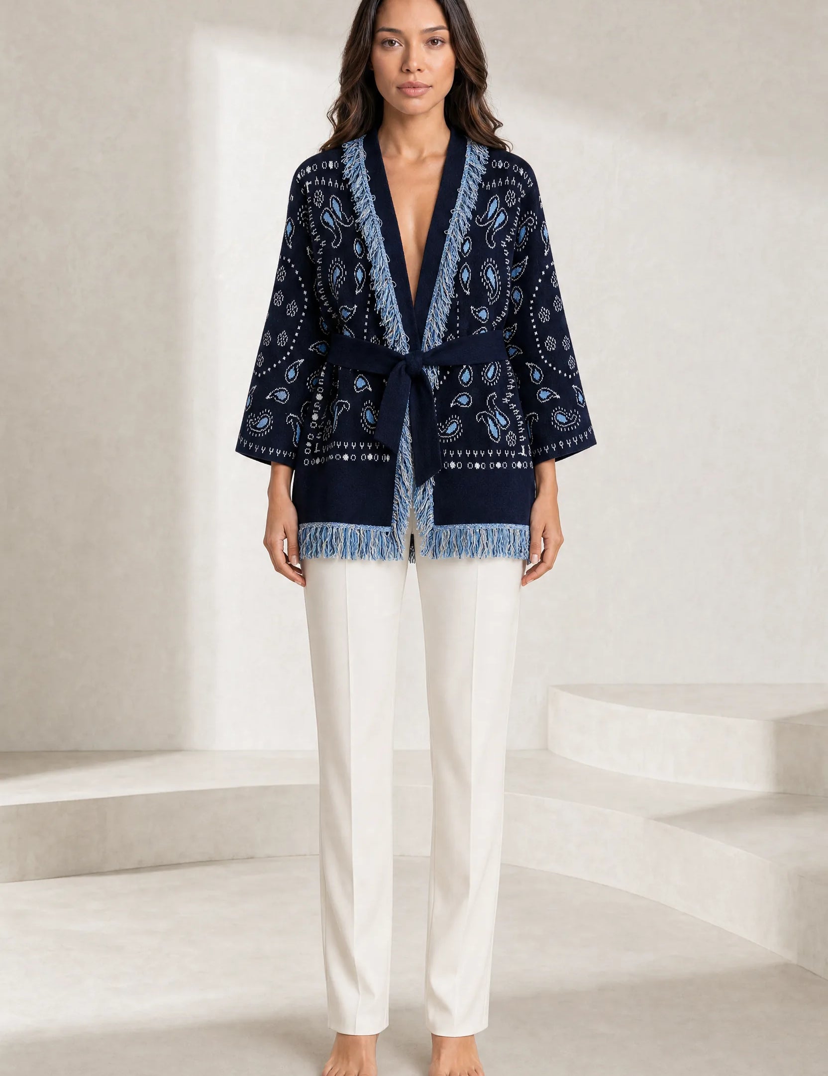Gilet bleu marine col V franges | Lounelle Paris