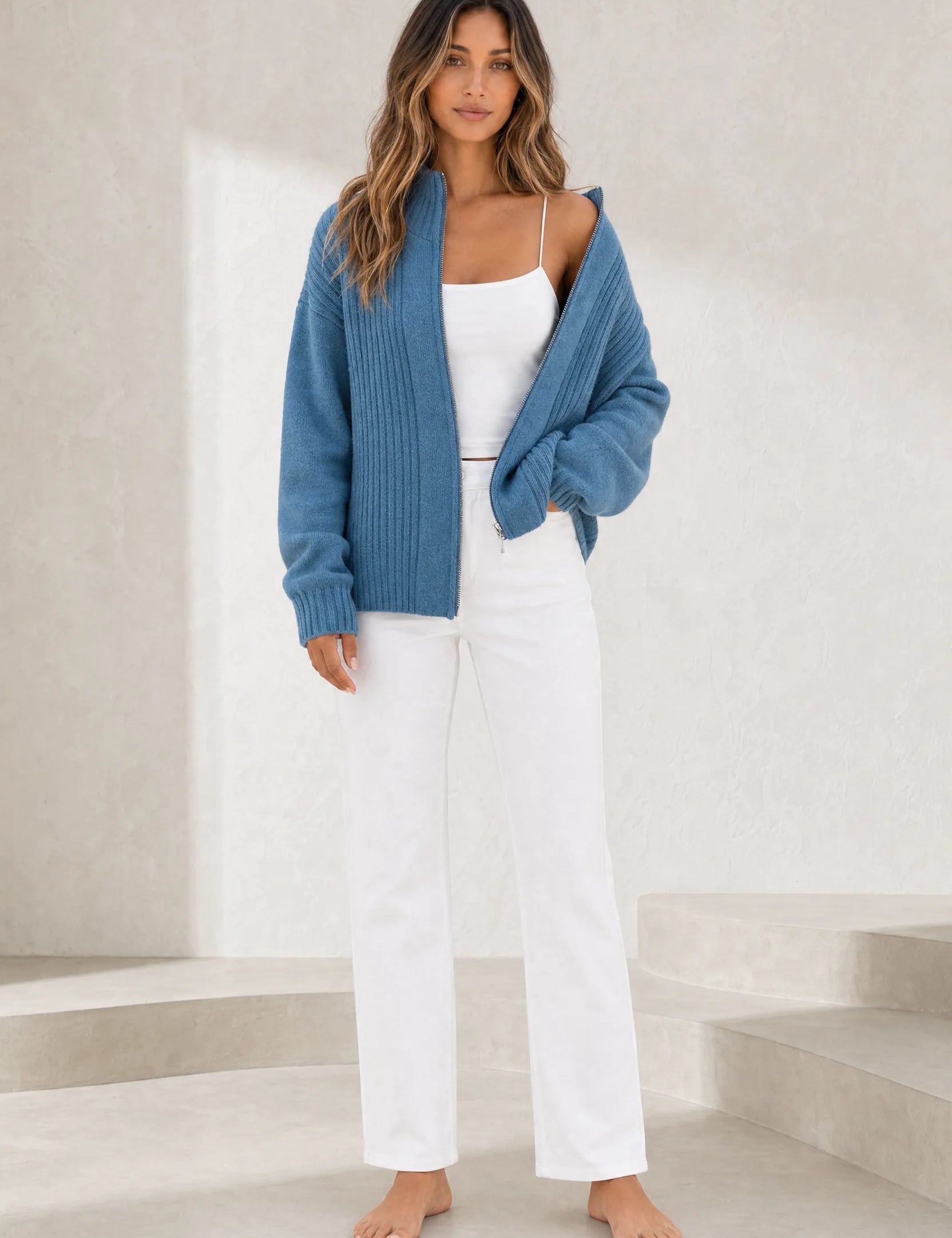 Gilet bleu zippé col montant | Lounelle Paris