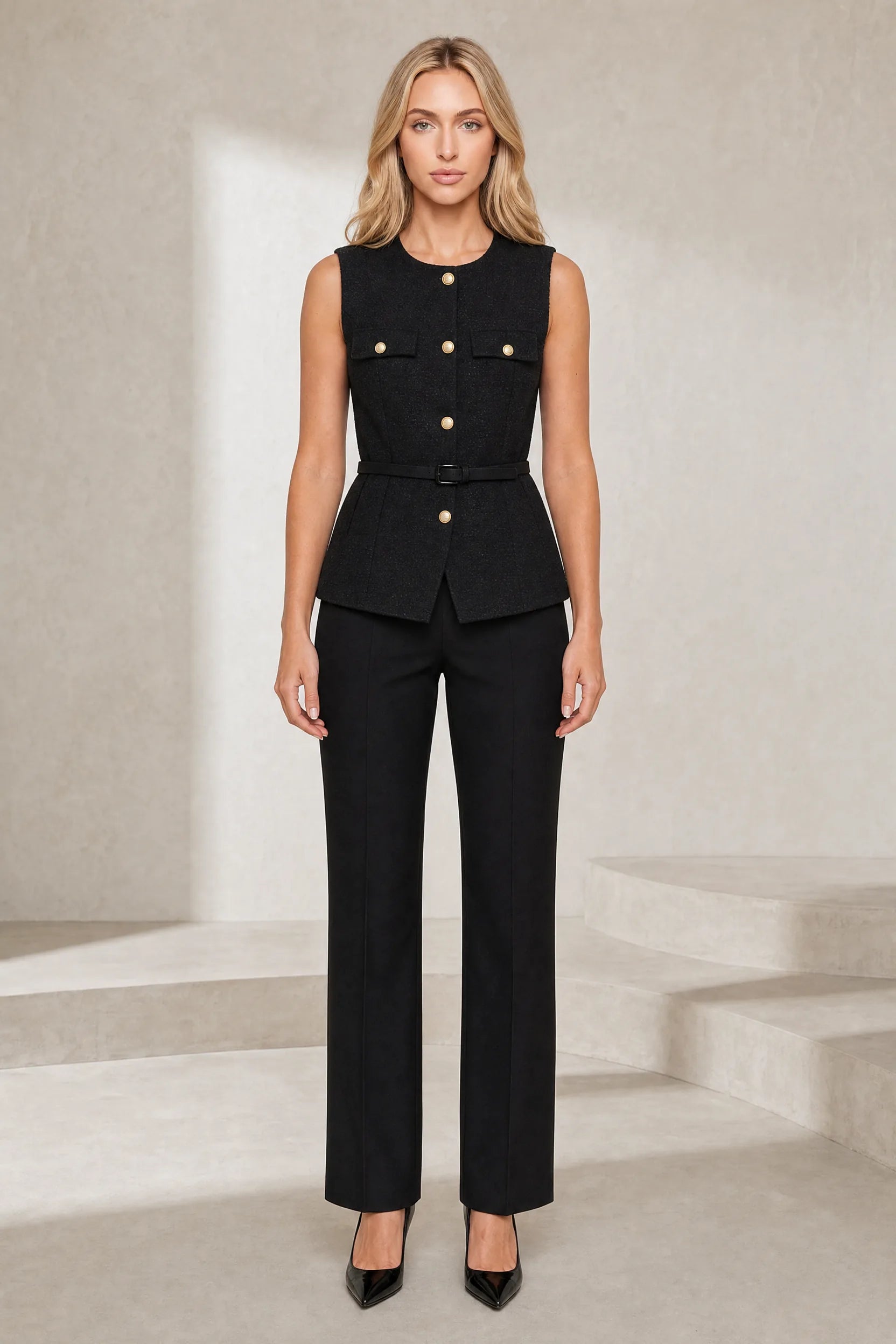 Gilet sans manches texturé ceinturé | Lounelle Paris