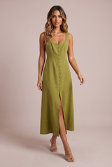 Square-Neck Button-Front Midi Dress