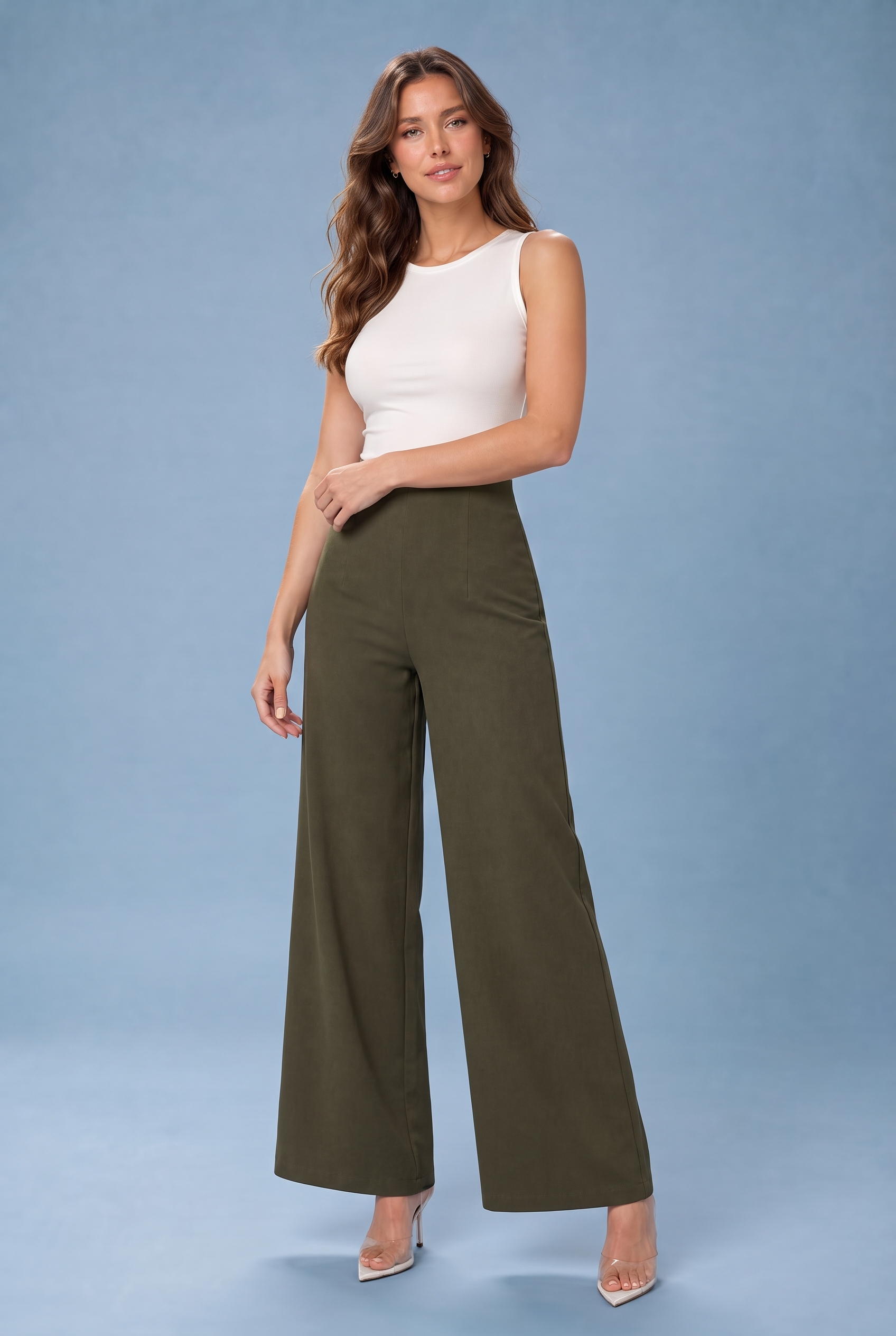 Pantalon large fluide taille haute | Variante Vert | Lounelle Paris