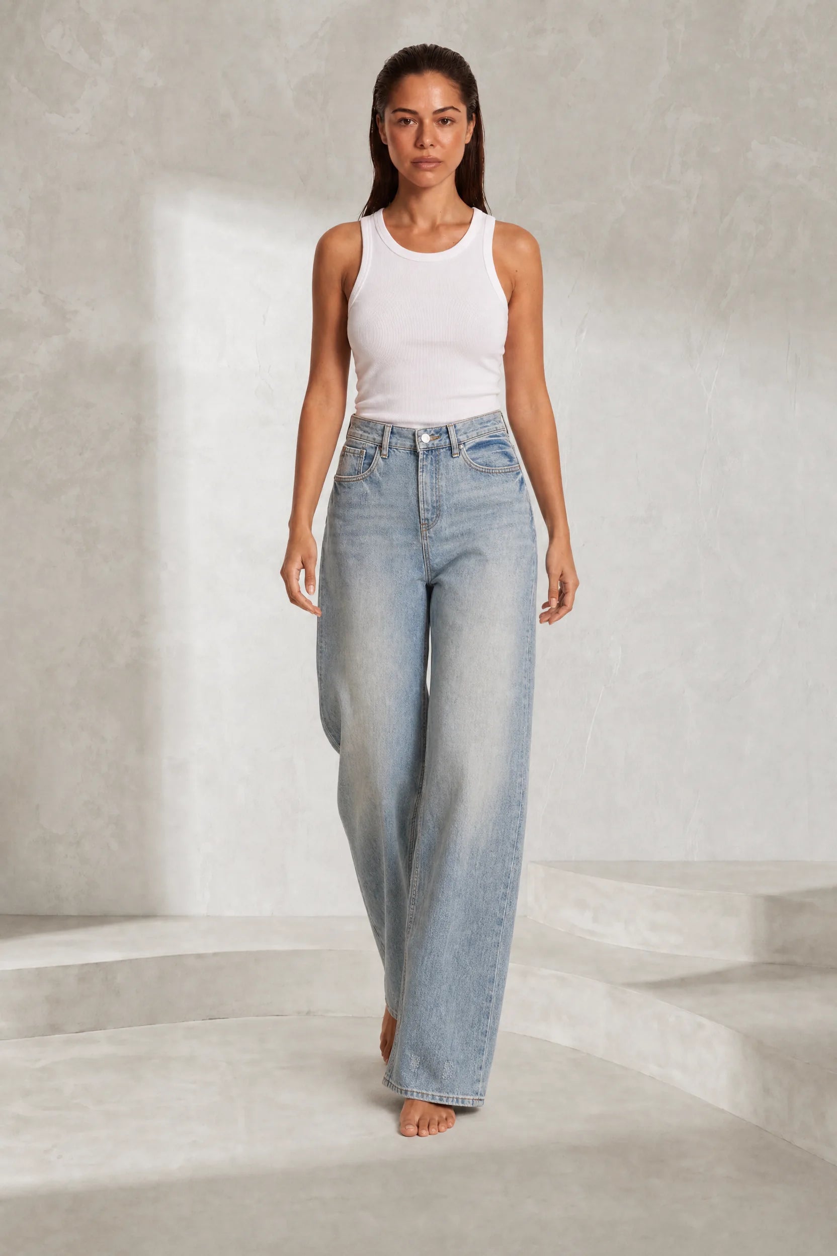 Jean bleu clair taille haute large | Lounelle Paris