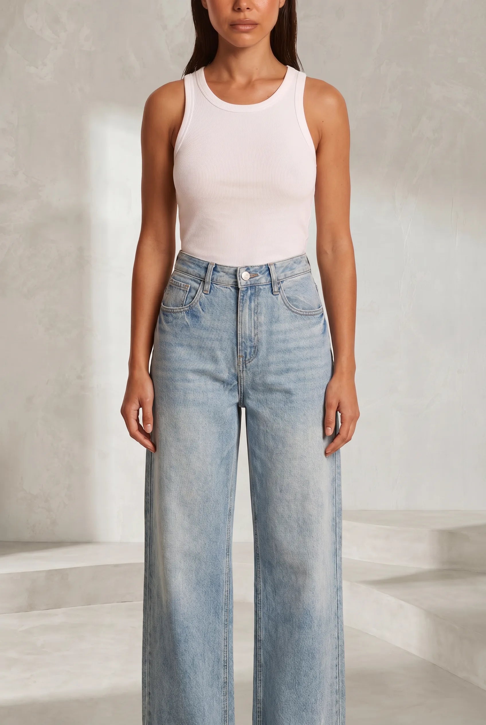 Jean bleu clair taille haute large | Lounelle Paris