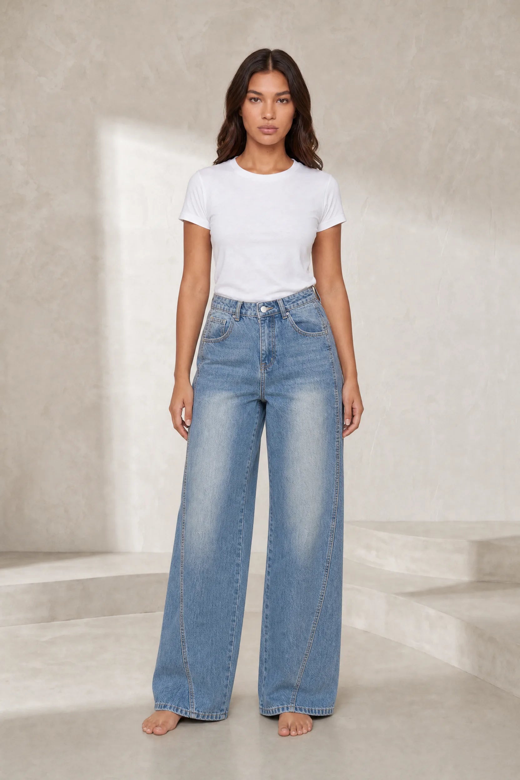 Jean bleu coupe ample taille mi-haute | Lounelle Paris