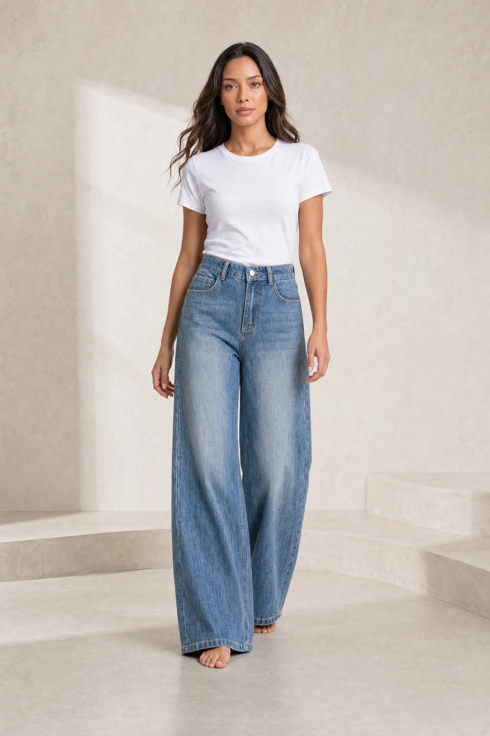 Jean bleu coupe ample taille mi-haute | Lounelle Paris