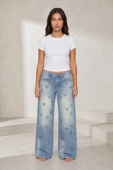 Jean bleu délavé taille basse à étoiles