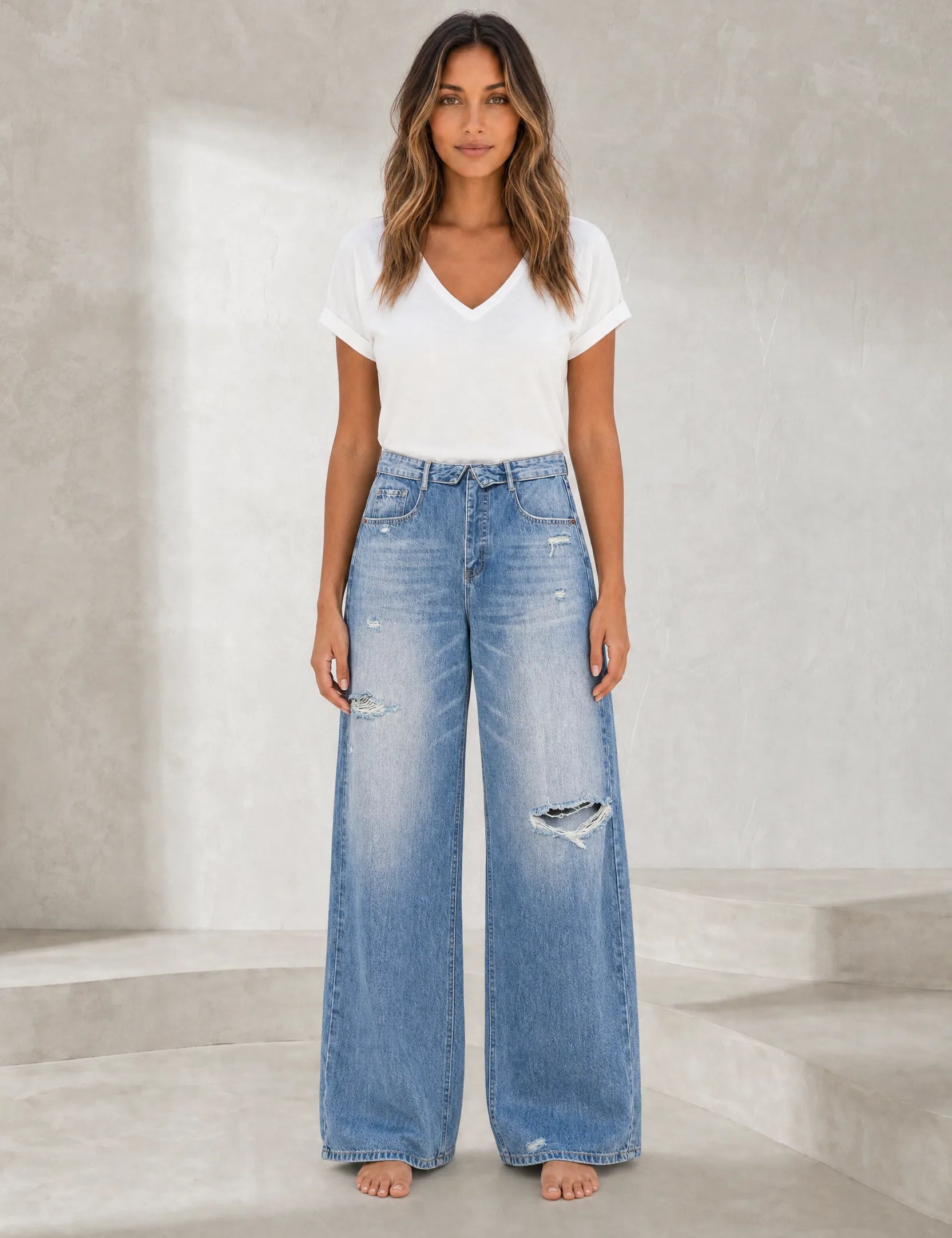 Jean bleu moyen jambe large taille repliée | Lounelle Paris