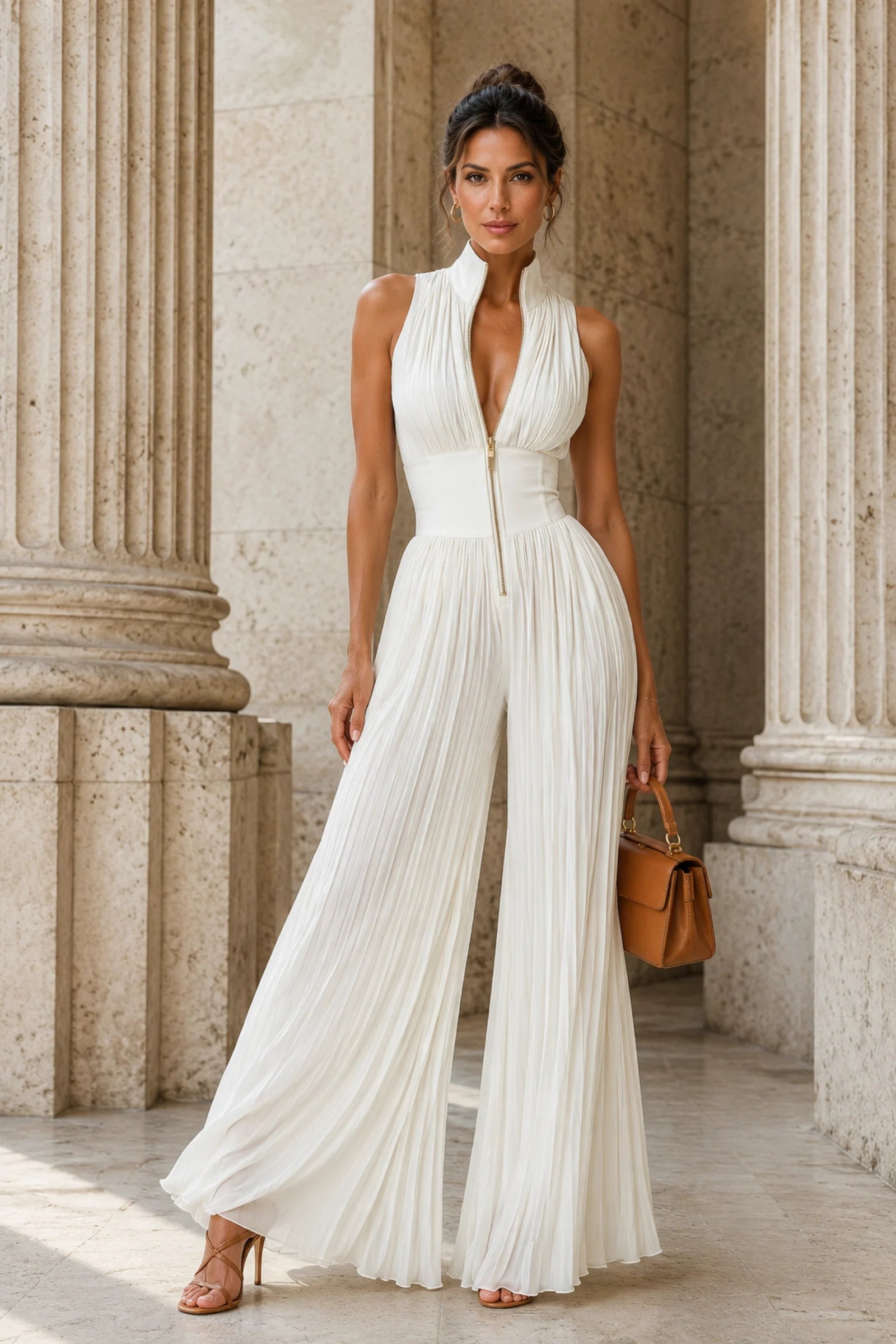 White Pleated High-Neck Wide-Leg Jumpsuit