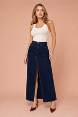 High-Waisted Denim Maxi Skirt with Front Split