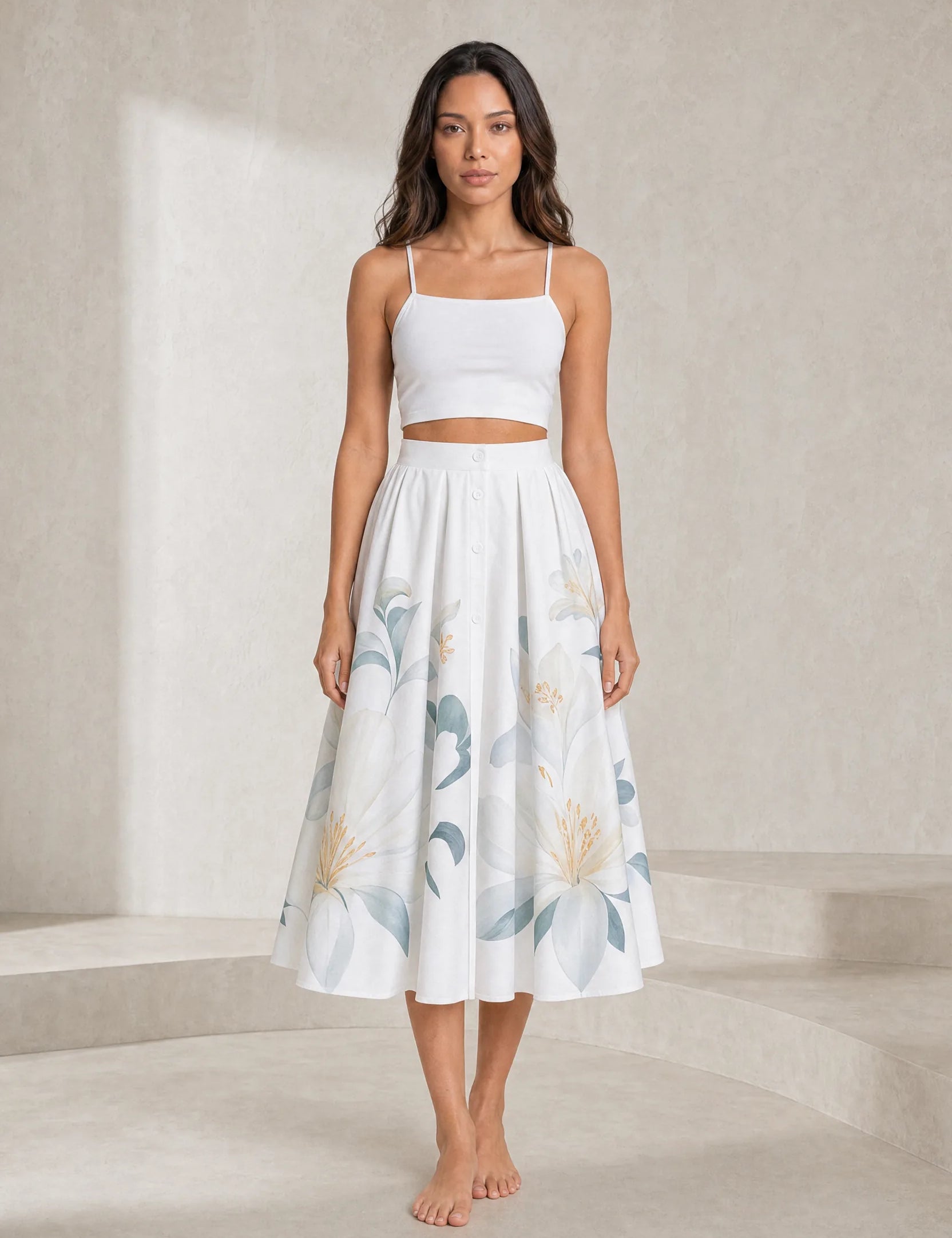 Jupe midi beige fleurie taille haute | Lounelle Paris