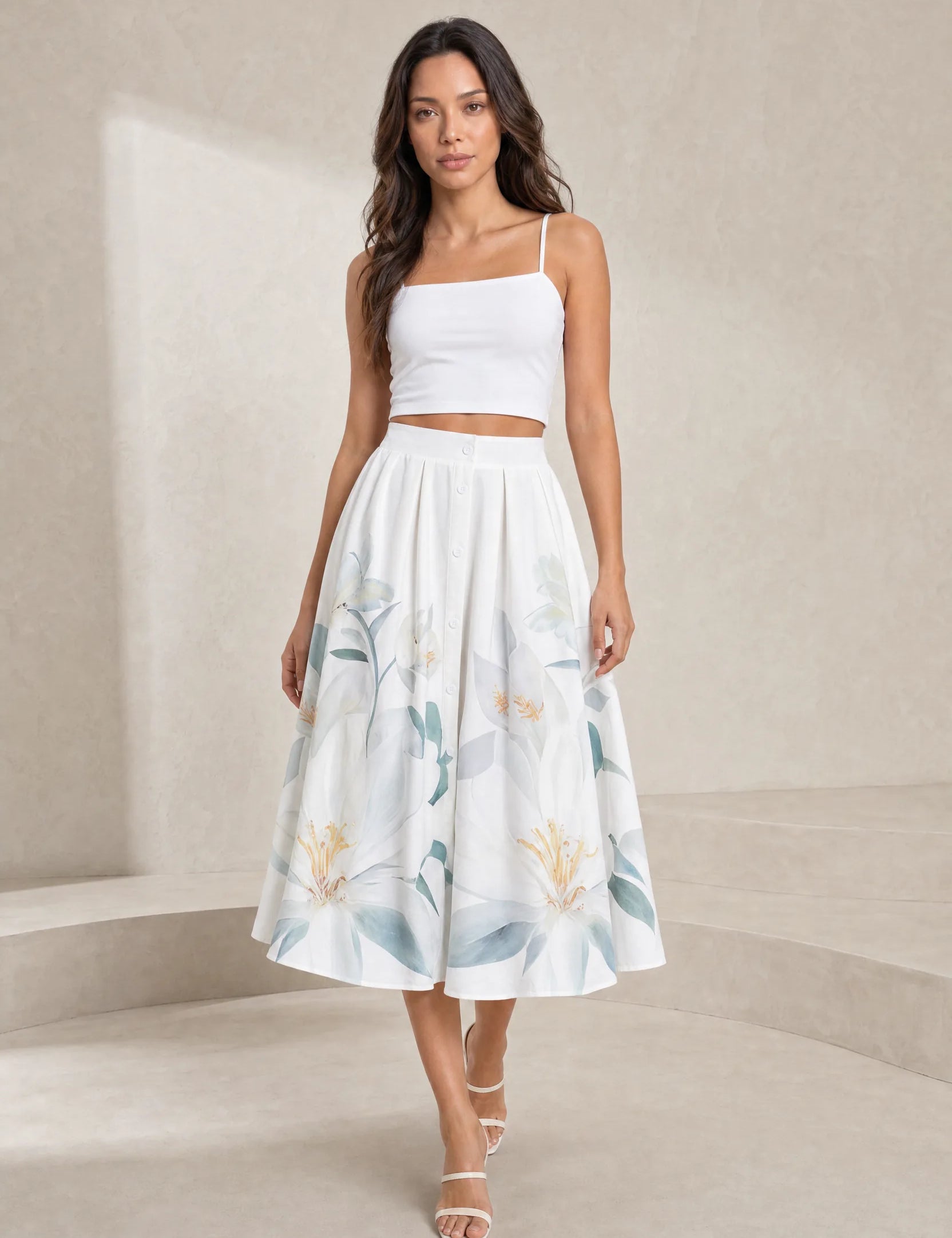Jupe midi beige fleurie taille haute | Lounelle Paris