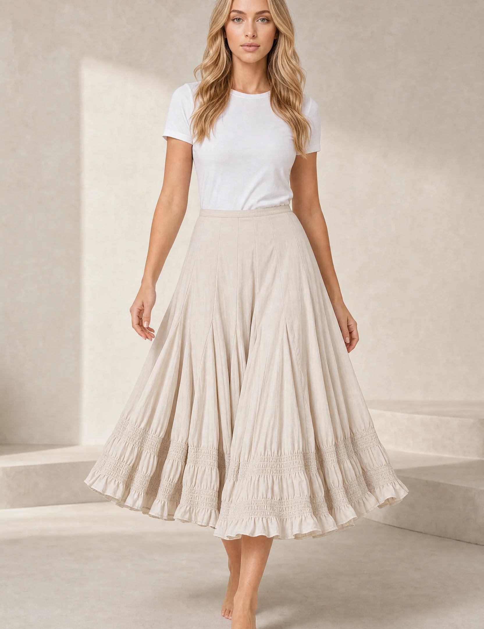 Jupe midi écrue ample à volants | Lounelle Paris