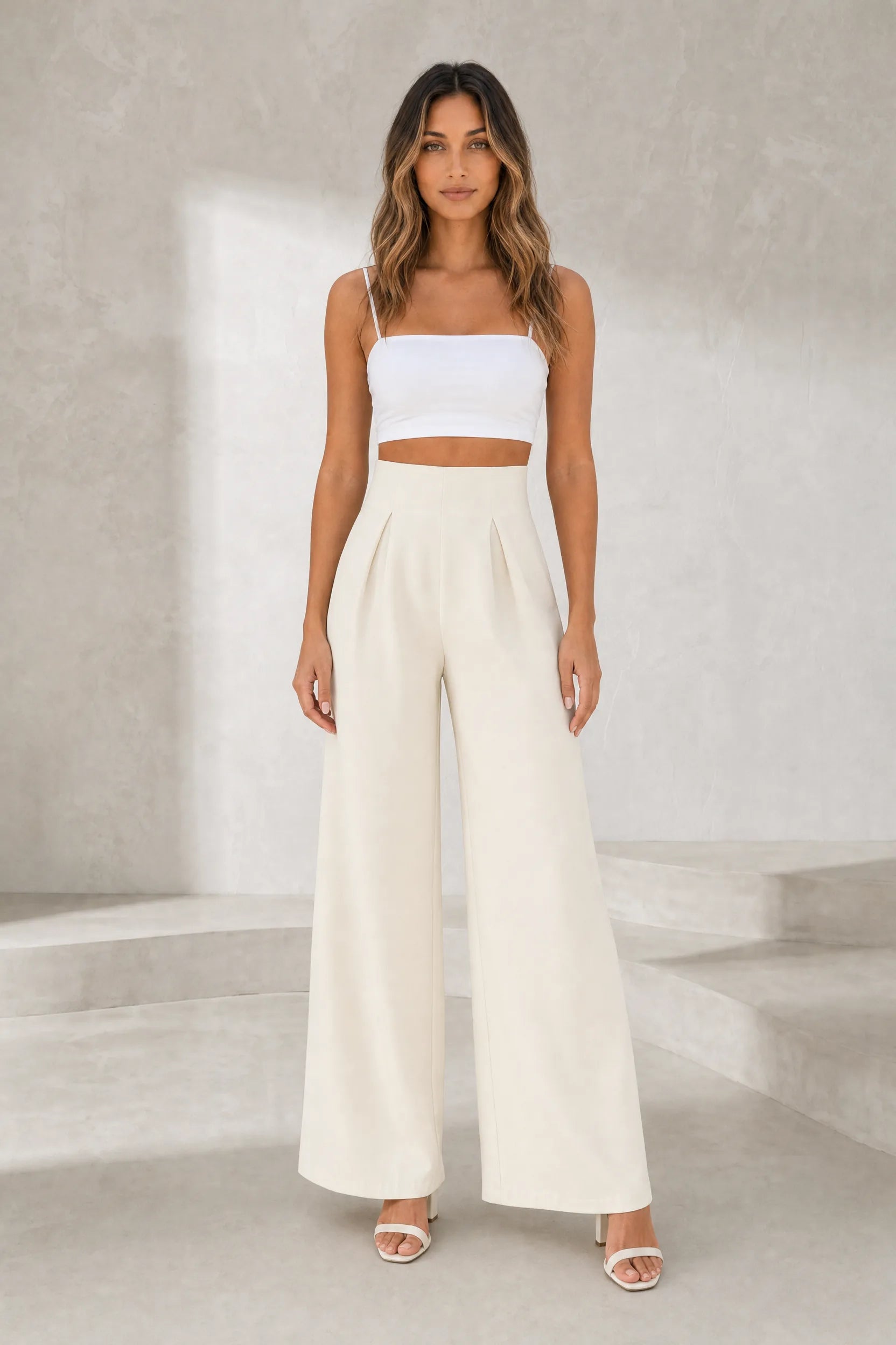 Pantalon beige taille haute jambes larges | Lounelle Paris