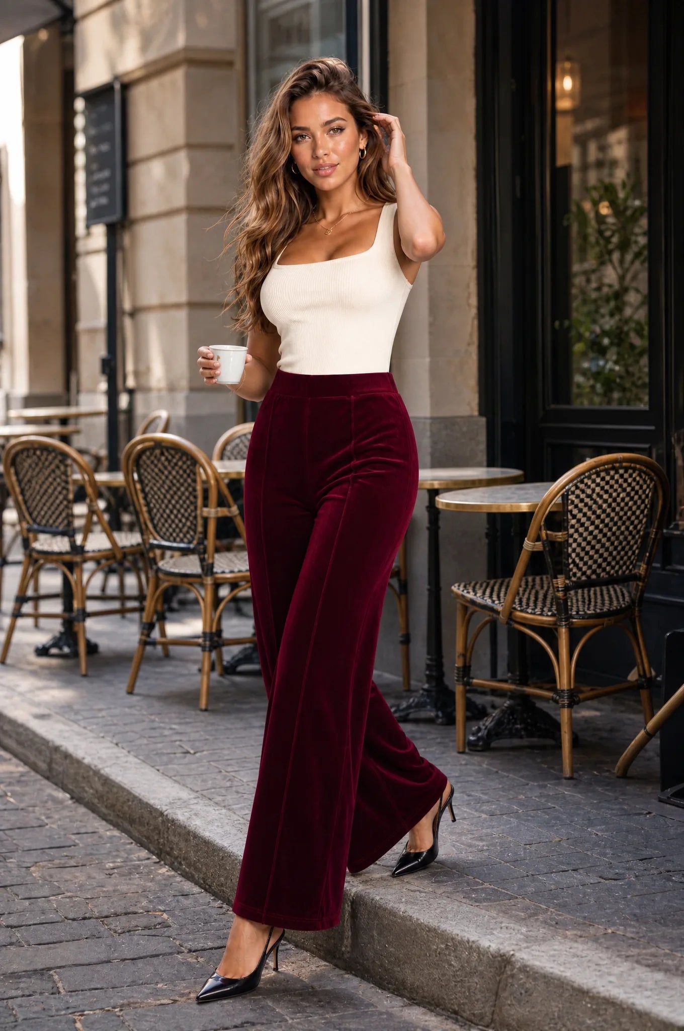 Pantalon large bordeaux taille haute en velours | Photo lifestyle | Lounelle Paris