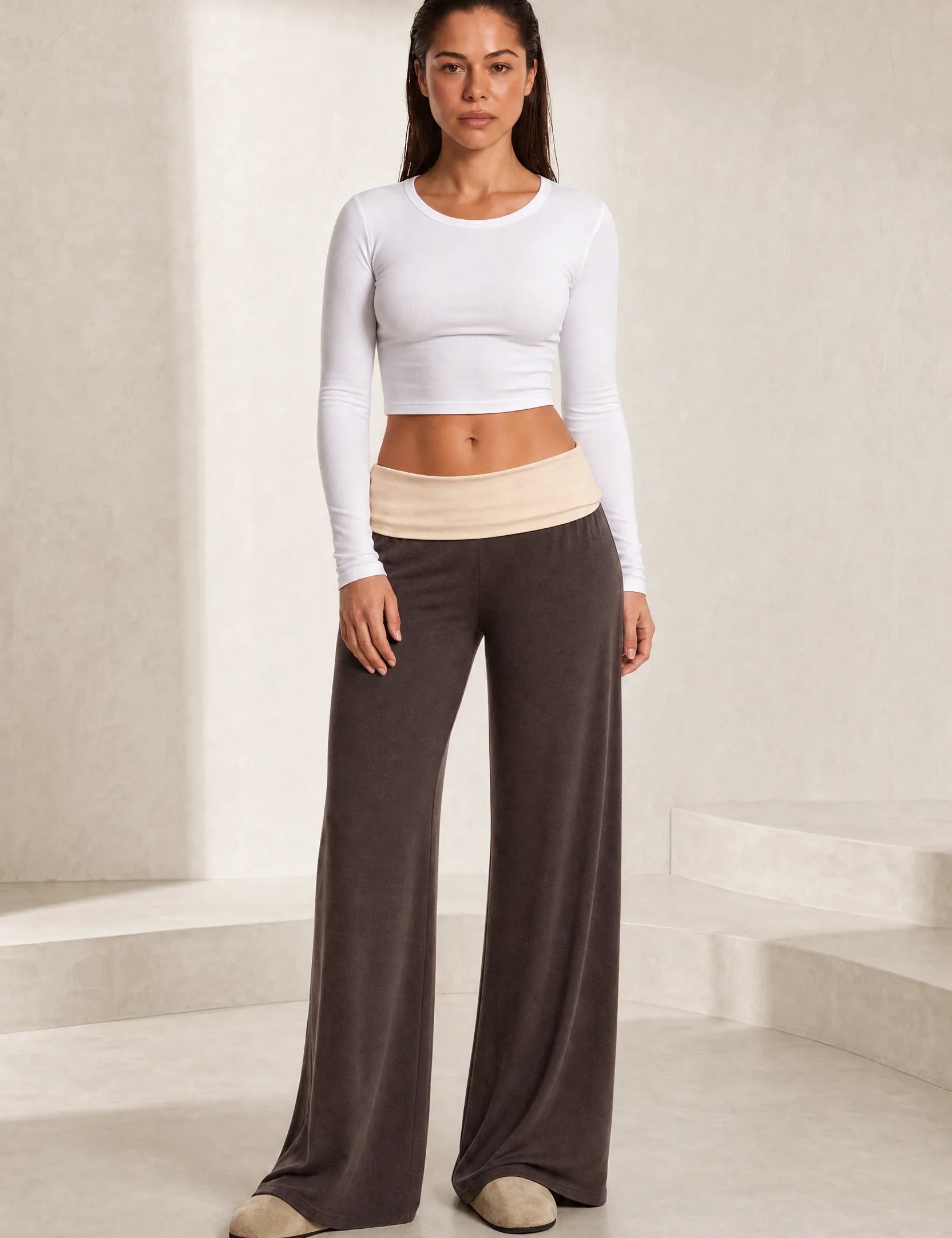 Pantalon large marron taille basse | Lounelle Paris