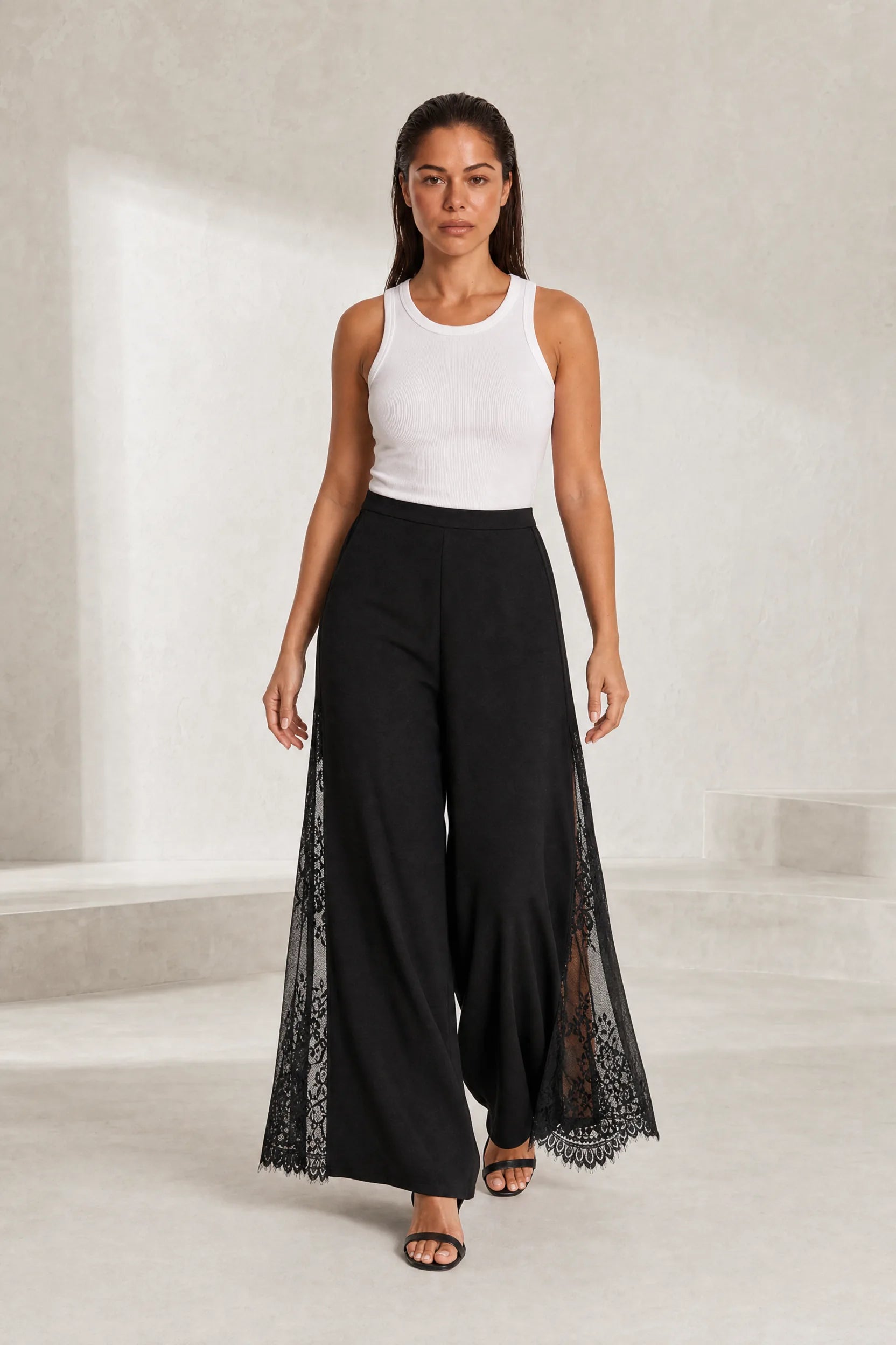 Pantalon large noir taille haute dentelle | Lounelle Paris