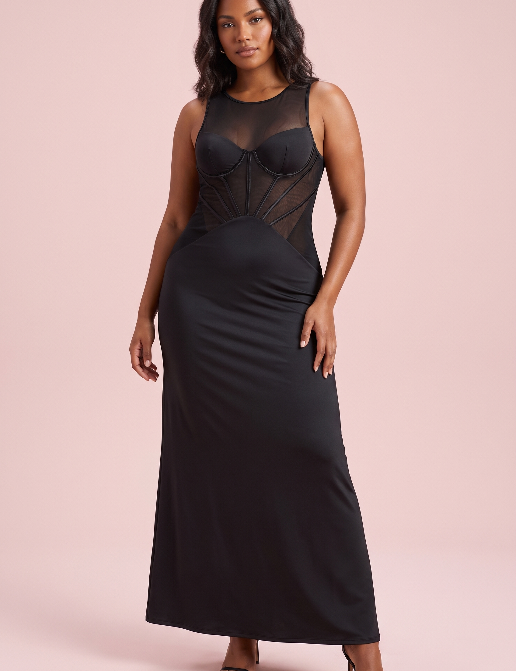 Robe bustier noire à empiècements en résille | Vue de face | Lounelle Paris