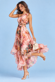 Robe rose fleurie à une épaule | Vue de dos | Lounelle Paris
